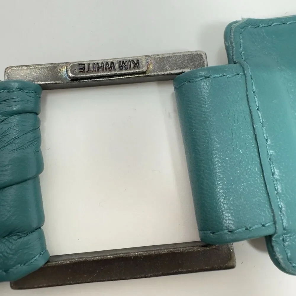 Kim White Leather Waist Belt‎ Adjustable Size S turqoise soft leather  USA